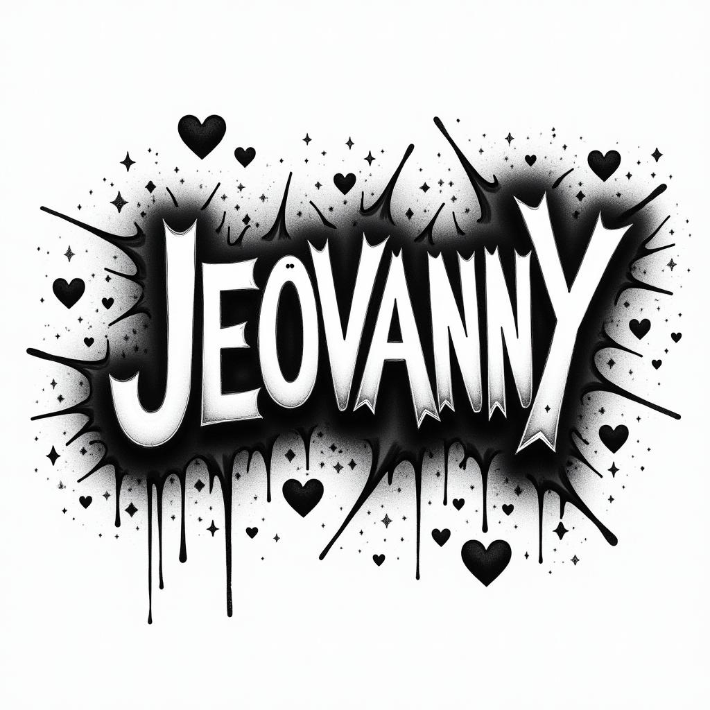 A grafitti with the name JEOVANNYin graffiti style tattoo, featuring bold and dynamic street art elements, spray-paint texture with exaggerated lines and expressive, chaotic brushstrokes, intricate lettering incorporated with graffiti tags, symbols like hearts, stars, and wings - Variation 6