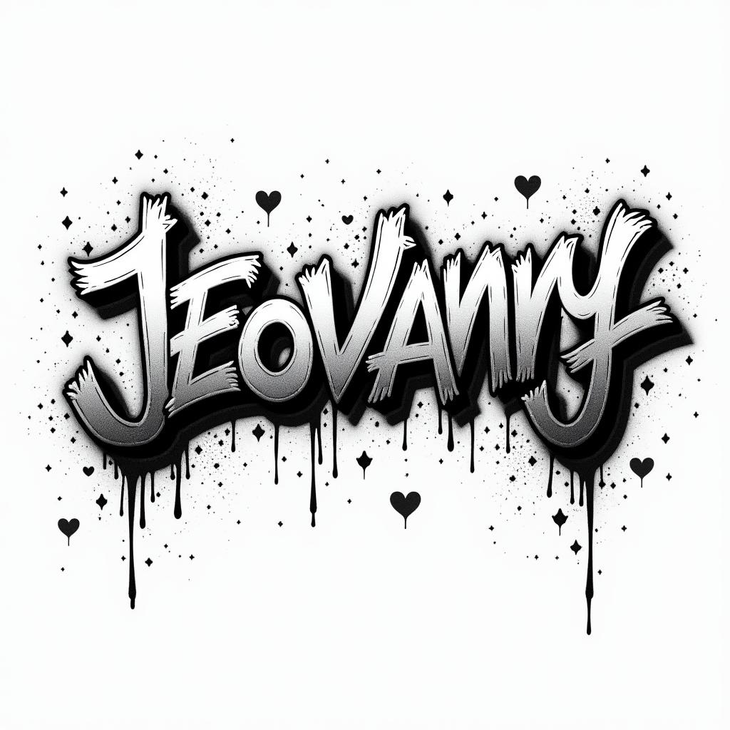 A grafitti with the name JEOVANNYin graffiti style tattoo, featuring bold and dynamic street art elements, spray-paint texture with exaggerated lines and expressive, chaotic brushstrokes, intricate lettering incorporated with graffiti tags, symbols like hearts, stars, and wings - Variation 8