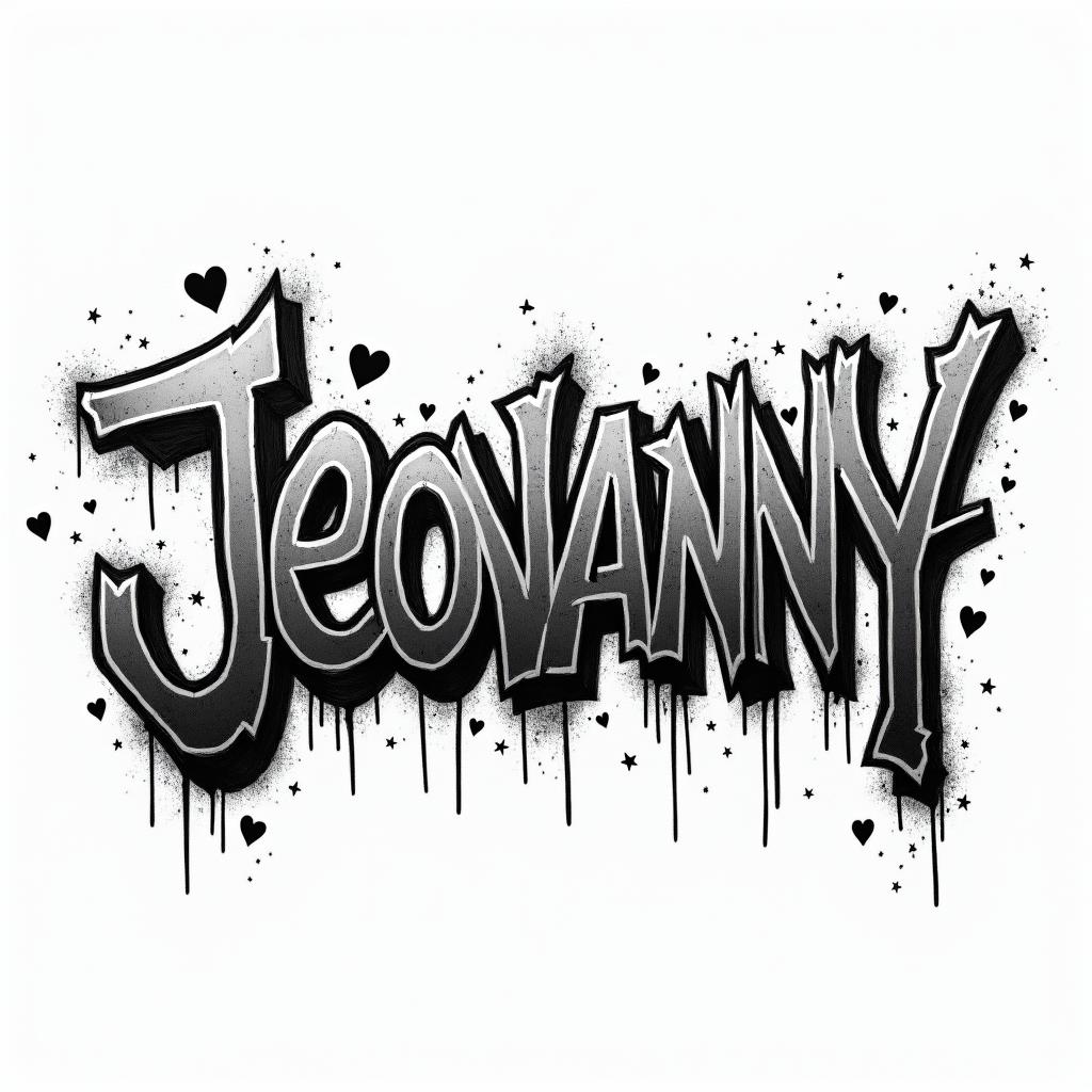 A grafitti with the name JEOVANNYin graffiti style tattoo, featuring bold and dynamic street art elements, spray-paint texture with exaggerated lines and expressive, chaotic brushstrokes, intricate lettering incorporated with graffiti tags, symbols like hearts, stars, and wings - Variation 7