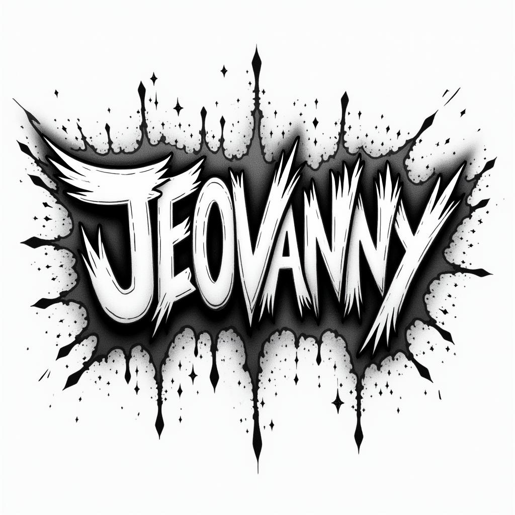 A grafitti with the name JEOVANNYin graffiti style tattoo, featuring bold and dynamic street art elements, spray-paint texture with exaggerated lines and expressive, chaotic brushstrokes, intricate lettering incorporated with graffiti tags, symbols like hearts, stars, and wings - Variation 5