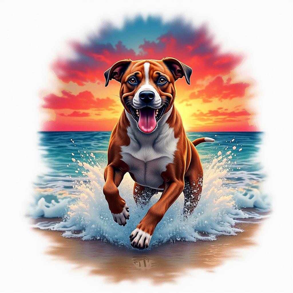 A vibrant tattoo featuring a Staffordshire Bull Terrier named Harley joyfully running through the waves at sunset on a beach. The sky is awash with vivid reds, blues, and oranges, reflecting the warmth of the sunset. The scene captures the essence of love and fun shared between the dog and owner, with waves splashing around Harley, symbolizing the joyous bond they share.higly detailed tattoo - Variation 2