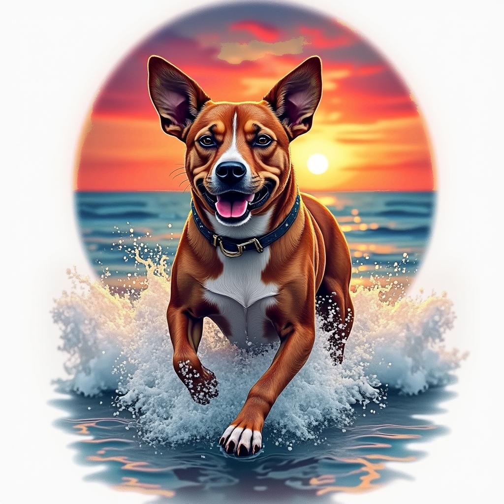 A vibrant tattoo featuring a Staffordshire Bull Terrier named Harley joyfully running through the waves at sunset on a beach. The sky is awash with vivid reds, blues, and oranges, reflecting the warmth of the sunset. The scene captures the essence of love and fun shared between the dog and owner, with waves splashing around Harley, symbolizing the joyous bond they share.higly detailed tattoo