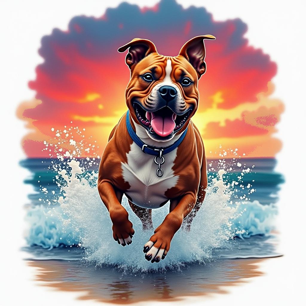 A vibrant tattoo featuring a Staffordshire Bull Terrier named Harley joyfully running through the waves at sunset on a beach. The sky is awash with vivid reds, blues, and oranges, reflecting the warmth of the sunset. The scene captures the essence of love and fun shared between the dog and owner, with waves splashing around Harley, symbolizing the joyous bond they share.higly detailed tattoo - Variation 4