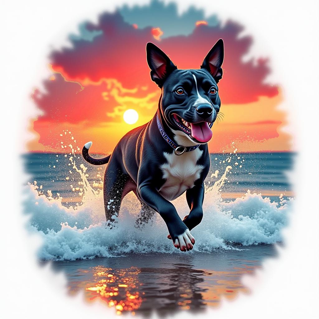 A vibrant tattoo featuring a Staffordshire Bull Terrier named Harley joyfully running through the waves at sunset on a beach. The sky is awash with vivid reds, blues, and oranges, reflecting the warmth of the sunset. The scene captures the essence of love and fun shared between the dog and owner, with waves splashing around Harley, symbolizing the joyous bond they share.higly detailed tattoo - Variation 3