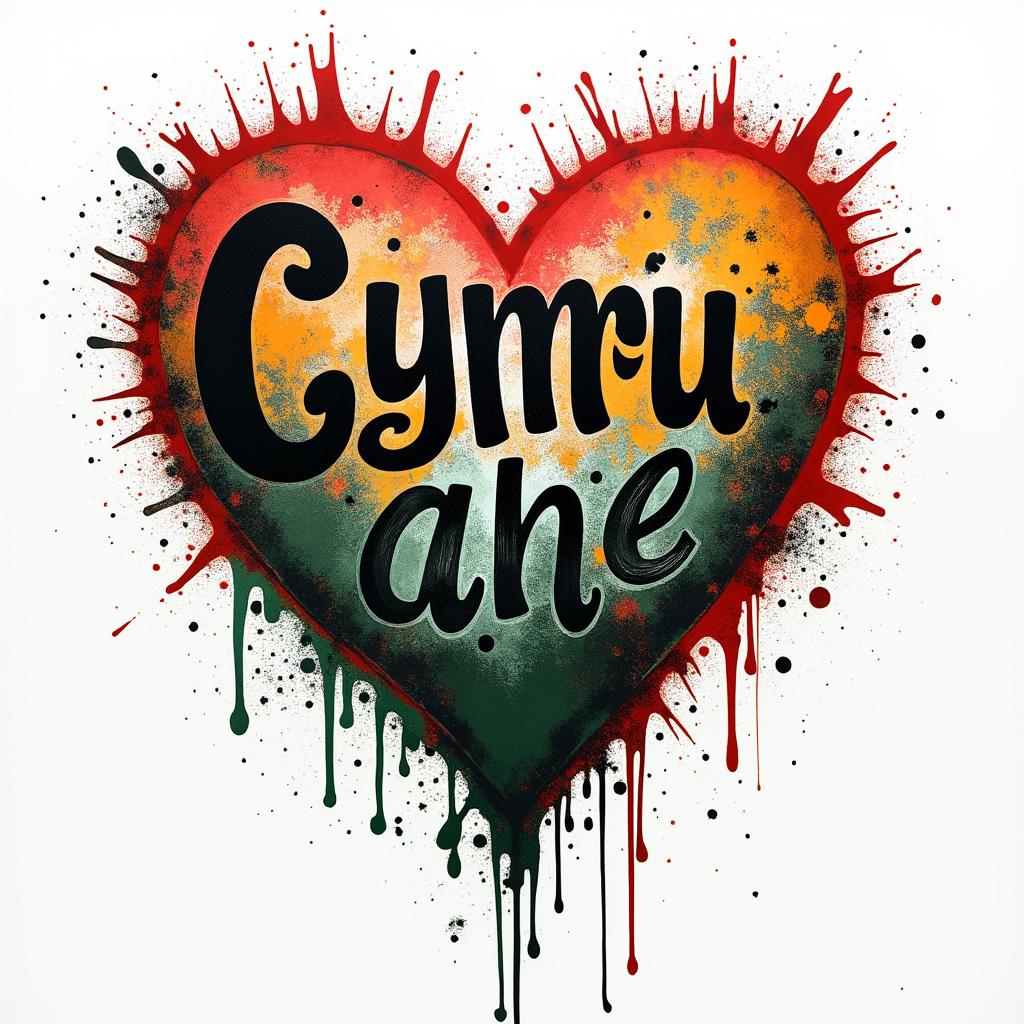 Mixing three colours red, green, yellow with cymru wording within tattooin graffiti style tattoo, featuring bold and dynamic street art elements, spray-paint texture with exaggerated lines and expressive, chaotic brushstrokes, intricate lettering incorporated with graffiti tags, symbols like hearts, stars, and wings - Variation 2