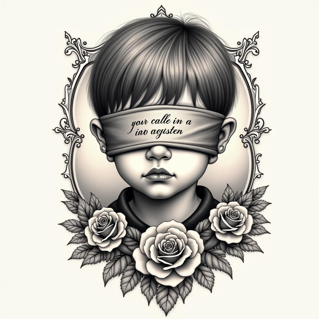 I want a little boy blindfolded with his name written in braille Jayden and his eat 2021in victorian style tattoo, featuring vintage and elegant elements, ornate frames, roses, antique, sepia-toned color scheme - Variation 3