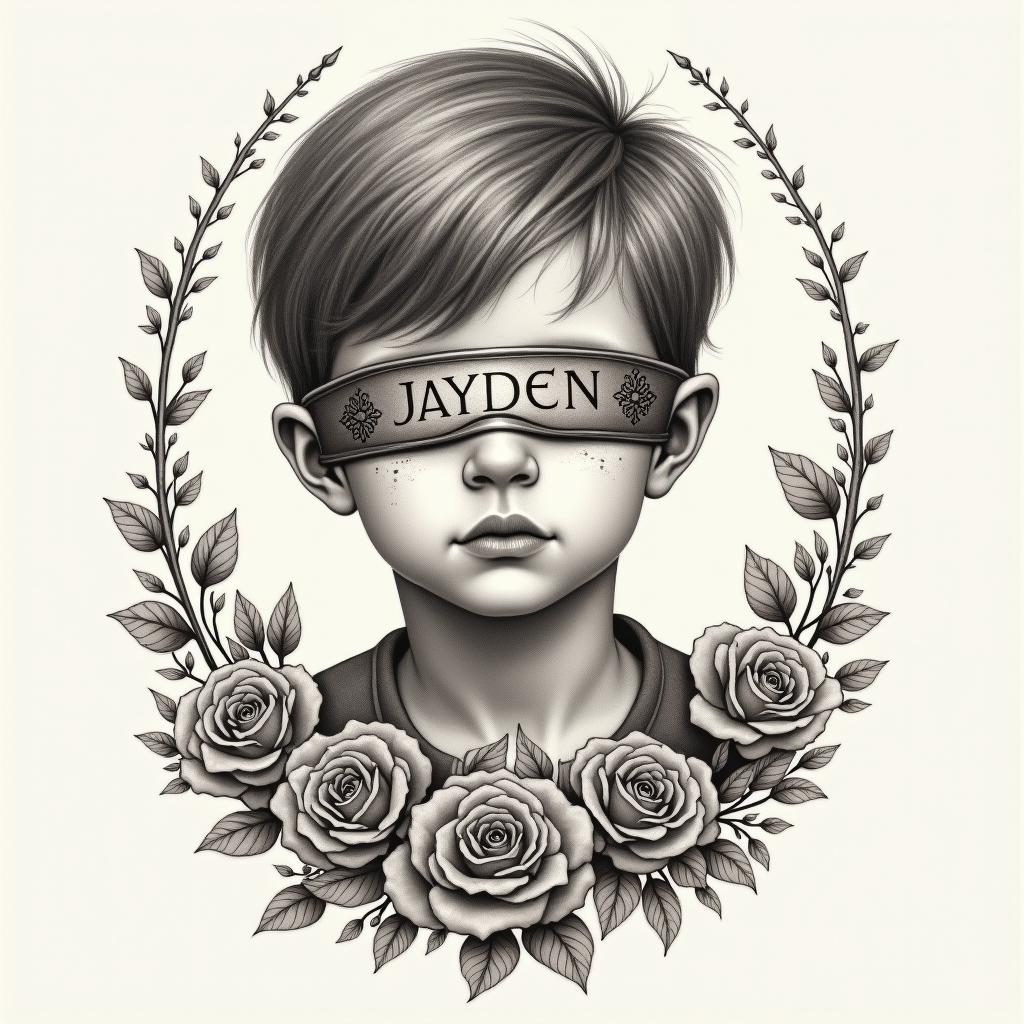 I want a little boy blindfolded with his name written in braille Jayden and his eat 2021in victorian style tattoo, featuring vintage and elegant elements, ornate frames, roses, antique, sepia-toned color scheme - Variation 2