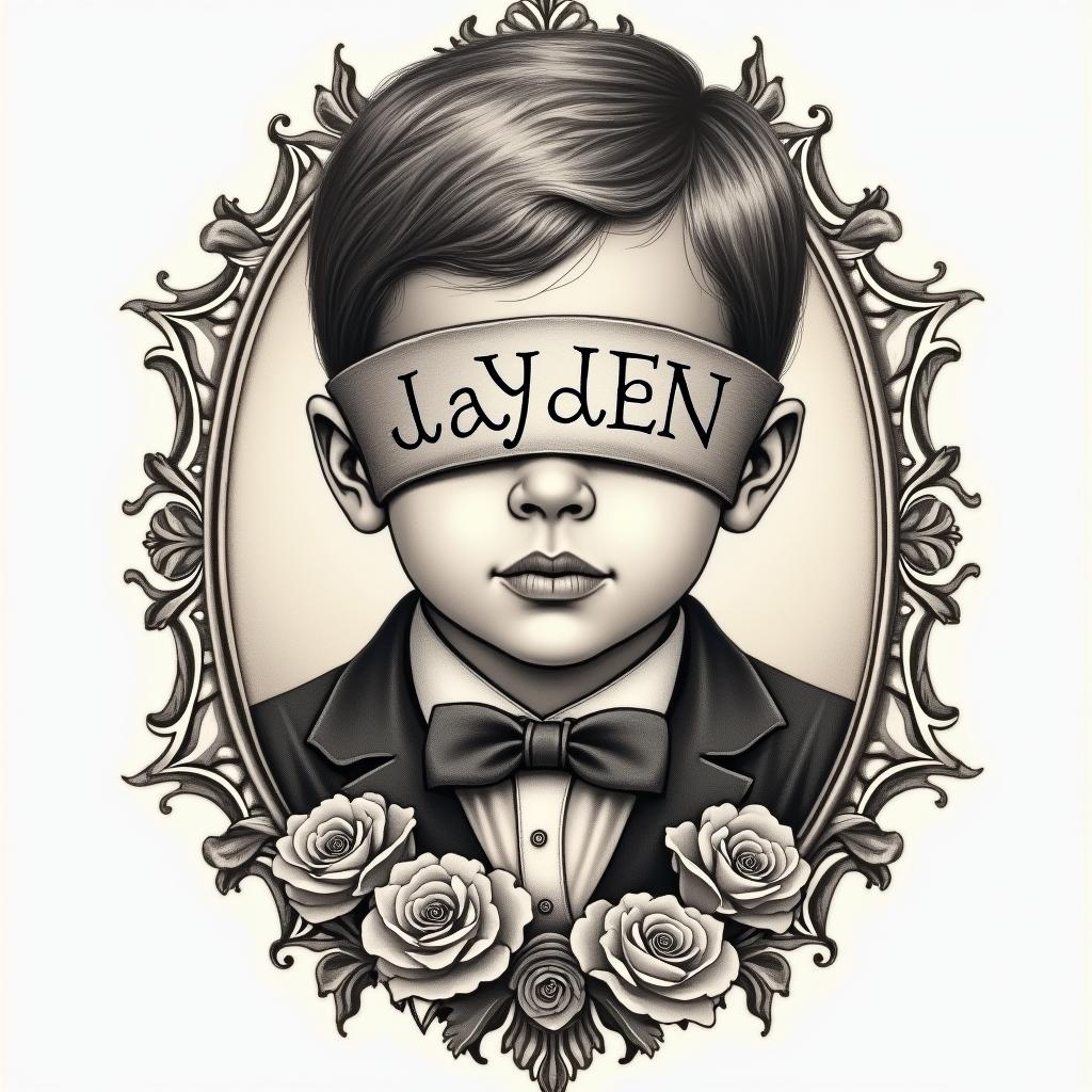I want a little boy blindfolded with his name written in braille Jayden and his eat 2021in victorian style tattoo, featuring vintage and elegant elements, ornate frames, roses, antique, sepia-toned color scheme