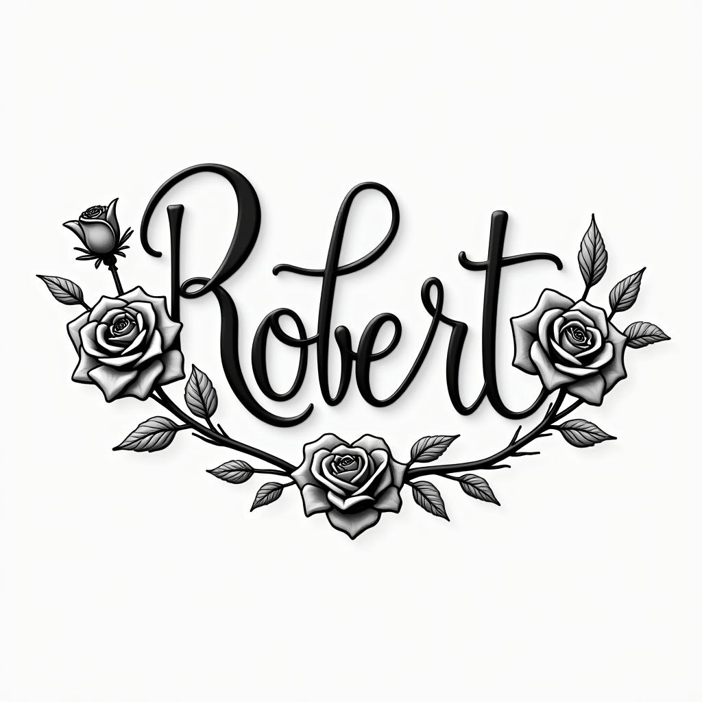 Robertin elegant cursive calligraphy style 2d tattoo, decorate with roses, featuring a smooth and flowing handwritten script with slightly thickened strokes for a luxurious and bold appearance,  heart symbol between names,  sleek and glossy black text with shadowing, minimalist matte white background, clean and sharp edges, illuminated with soft lighting, romantic, 8k, high-quality textures with refined typography - Variation 4
