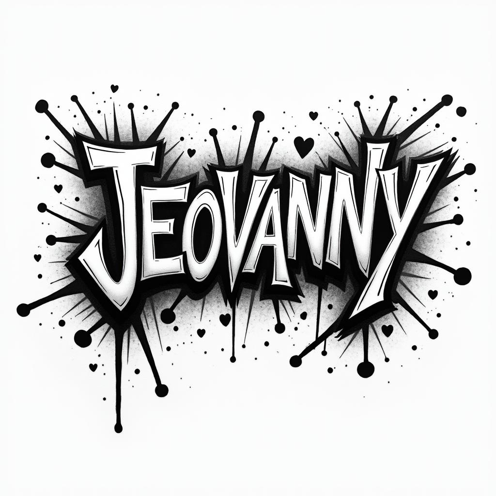 A grafitti with the name JEOVANNYin graffiti style tattoo, featuring bold and dynamic street art elements, spray-paint texture with exaggerated lines and expressive, chaotic brushstrokes, intricate lettering incorporated with graffiti tags, symbols like hearts, stars, and wings - Variation 3