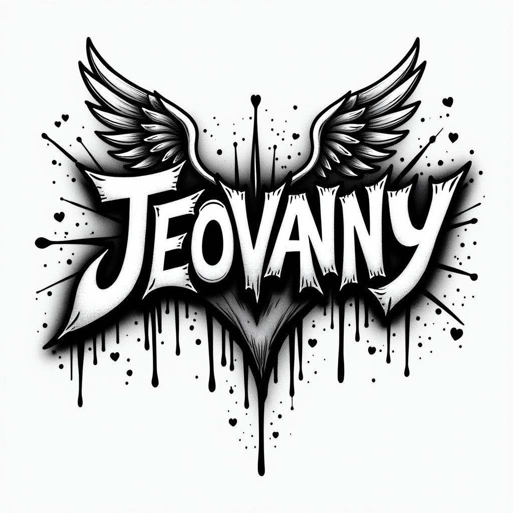 A grafitti with the name JEOVANNYin graffiti style tattoo, featuring bold and dynamic street art elements, spray-paint texture with exaggerated lines and expressive, chaotic brushstrokes, intricate lettering incorporated with graffiti tags, symbols like hearts, stars, and wings - Variation 4
