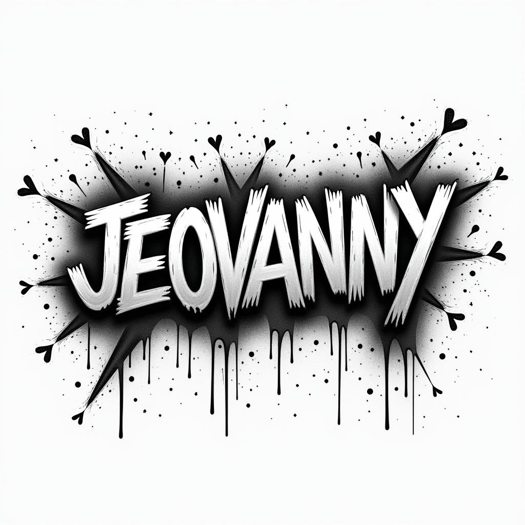 A grafitti with the name JEOVANNYin graffiti style tattoo, featuring bold and dynamic street art elements, spray-paint texture with exaggerated lines and expressive, chaotic brushstrokes, intricate lettering incorporated with graffiti tags, symbols like hearts, stars, and wings - Variation 2
