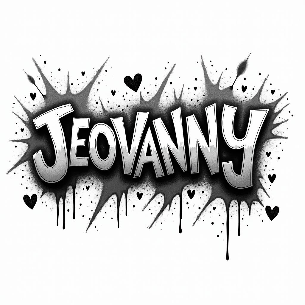 A grafitti with the name JEOVANNYin graffiti style tattoo, featuring bold and dynamic street art elements, spray-paint texture with exaggerated lines and expressive, chaotic brushstrokes, intricate lettering incorporated with graffiti tags, symbols like hearts, stars, and wings