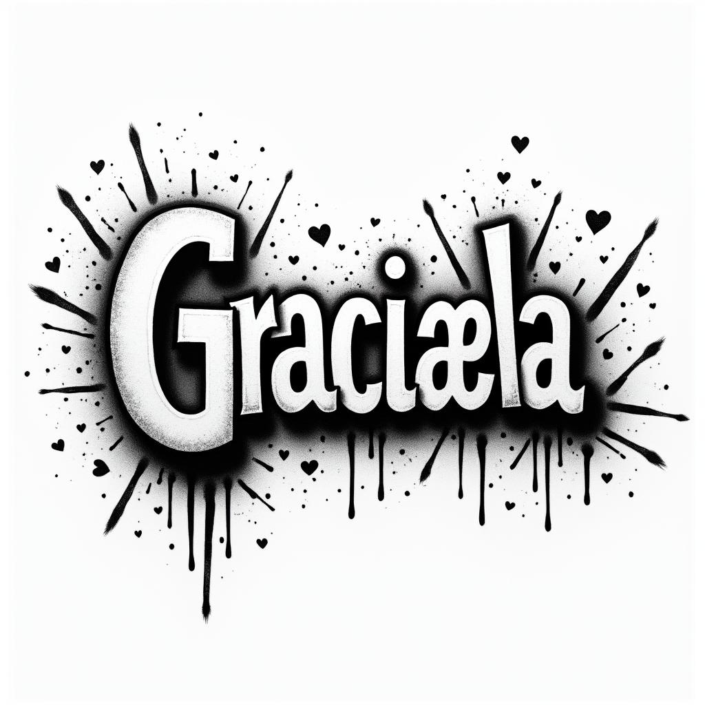 A grafitti with the name Graciaelain graffiti style tattoo, featuring bold and dynamic street art elements, spray-paint texture with exaggerated lines and expressive, chaotic brushstrokes, intricate lettering incorporated with graffiti tags, symbols like hearts, stars, and wings - Variation 3