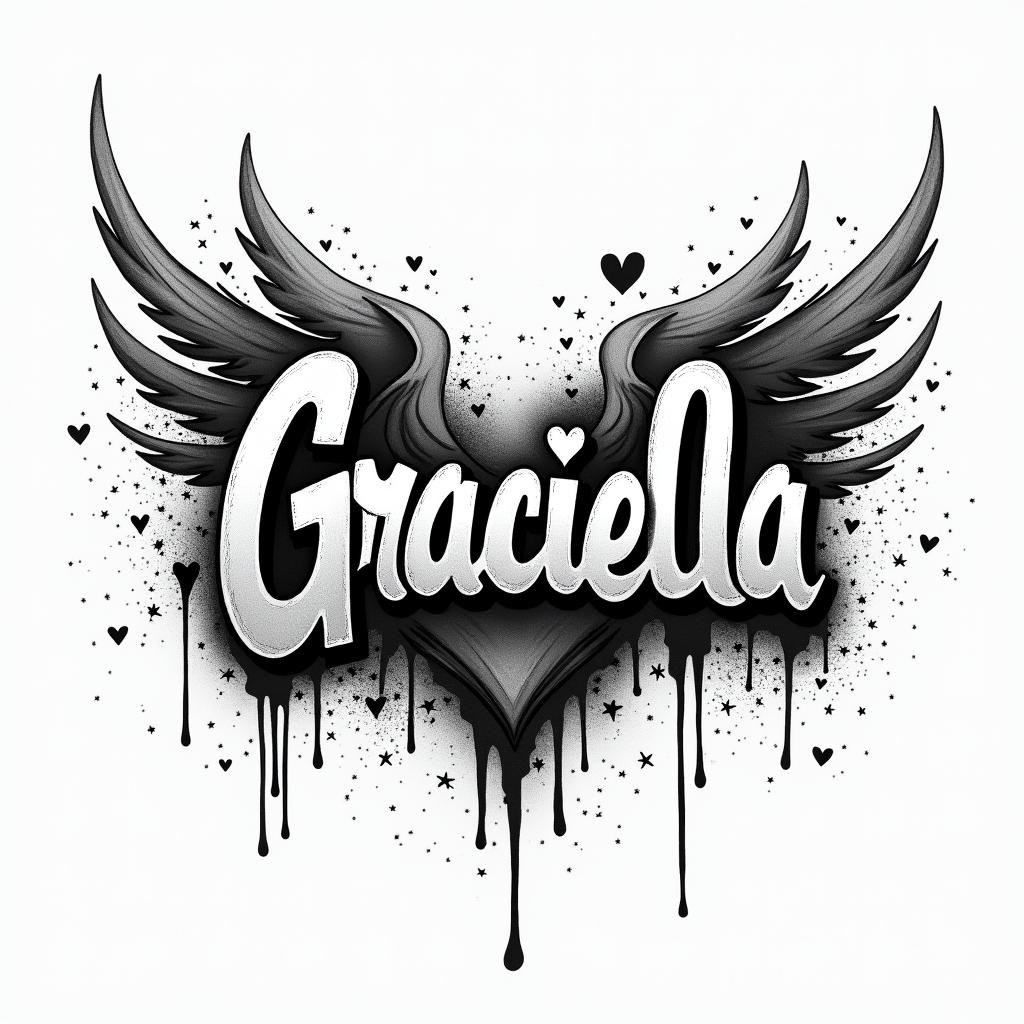 A grafitti with the name Graciaelain graffiti style tattoo, featuring bold and dynamic street art elements, spray-paint texture with exaggerated lines and expressive, chaotic brushstrokes, intricate lettering incorporated with graffiti tags, symbols like hearts, stars, and wings