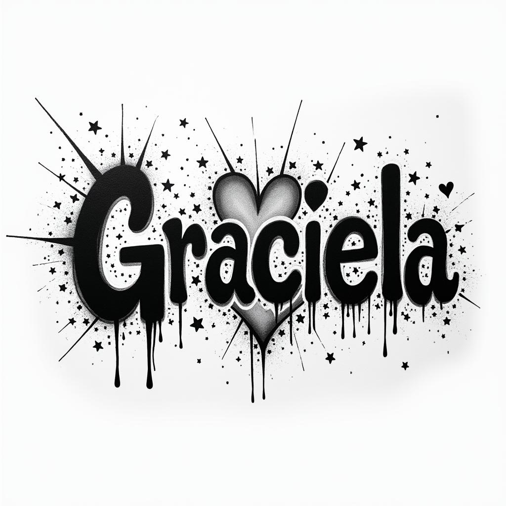 A grafitti with the name Graciaelain graffiti style tattoo, featuring bold and dynamic street art elements, spray-paint texture with exaggerated lines and expressive, chaotic brushstrokes, intricate lettering incorporated with graffiti tags, symbols like hearts, stars, and wings - Variation 4