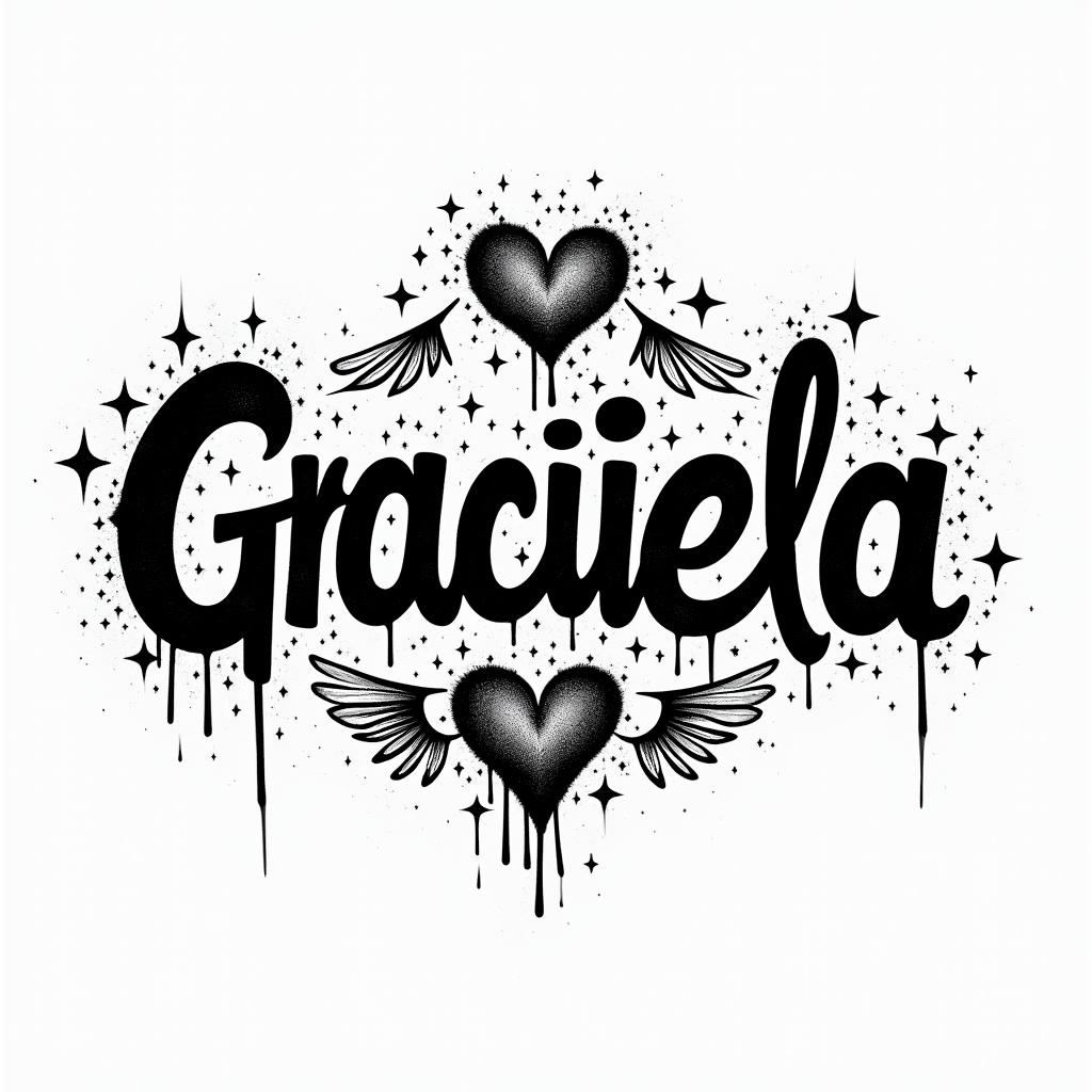 A grafitti with the name Graciaelain graffiti style tattoo, featuring bold and dynamic street art elements, spray-paint texture with exaggerated lines and expressive, chaotic brushstrokes, intricate lettering incorporated with graffiti tags, symbols like hearts, stars, and wings - Variation 2