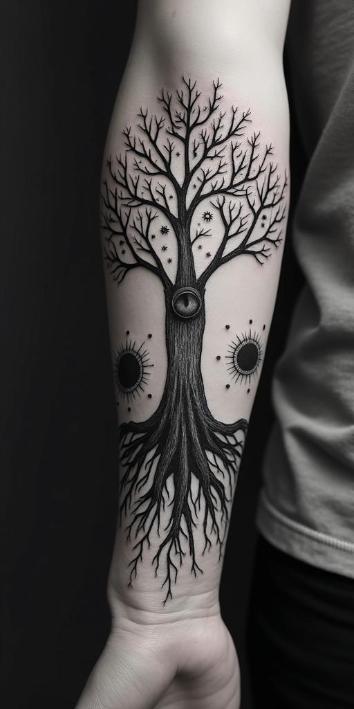 Tree of life with roots and branchesin prophecy tattoo style, featuring mystical symbols, celestial imagery like stars, moons, suns, geometric patterns, foretelling elements, an eye of wisdom - Variation 7