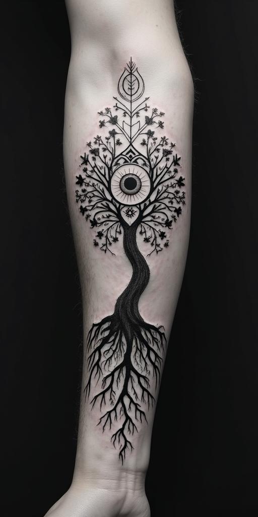 Tree of life with roots and branchesin prophecy tattoo style, featuring mystical symbols, celestial imagery like stars, moons, suns, geometric patterns, foretelling elements, an eye of wisdom - Variation 5