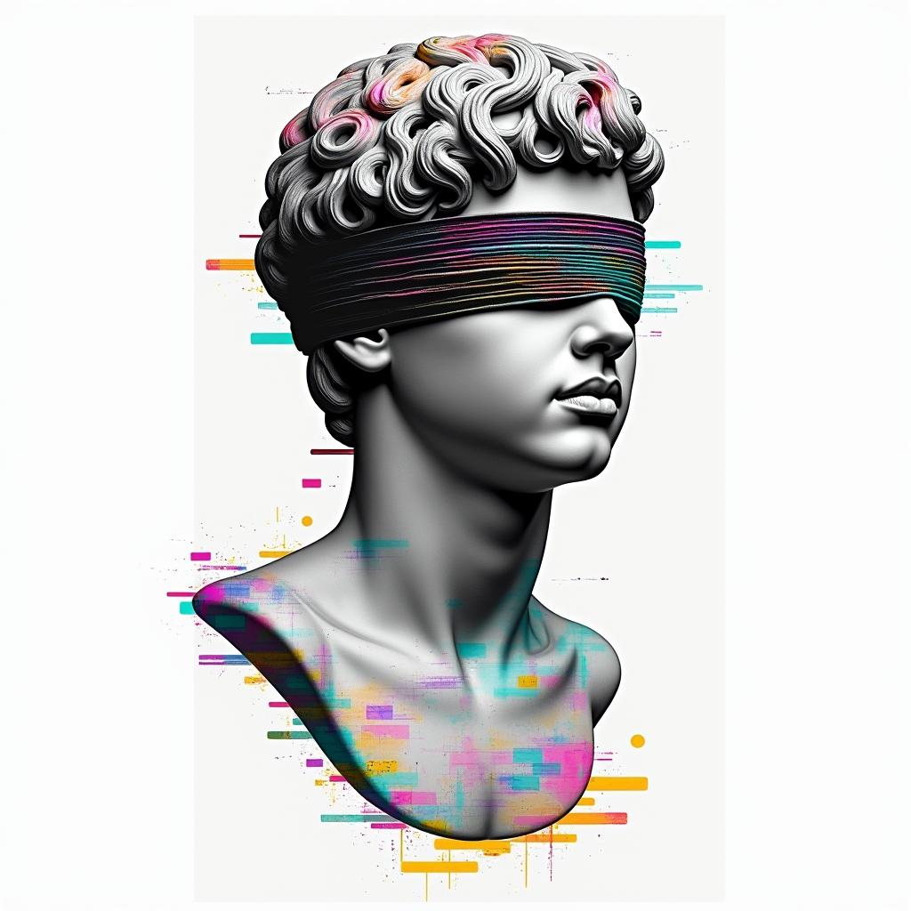 Boy blindfolded, Jace written in braille, est 2021 written in braillein distorted and fragmented tattoo design, featuring a classical statue bust, in a glitch art style with vibrant, overlapping colors of cyan, magenta, and yellow, creating a digital distortion effect - Variation 1