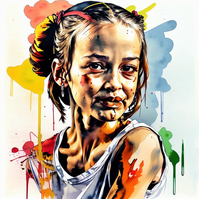  vibrant watercolor portrait with graffiti style face, fully white background, ,face with soft blending of warm and cool tones (orange, yellow, green),using shades of colors, contrast between light and shadow on the face, Bold color splashes and abstract drips in the background for a dynamic, artistic vibe, highly detailed tattoo, fully white background , dskinkpunkundefined - Variation 62