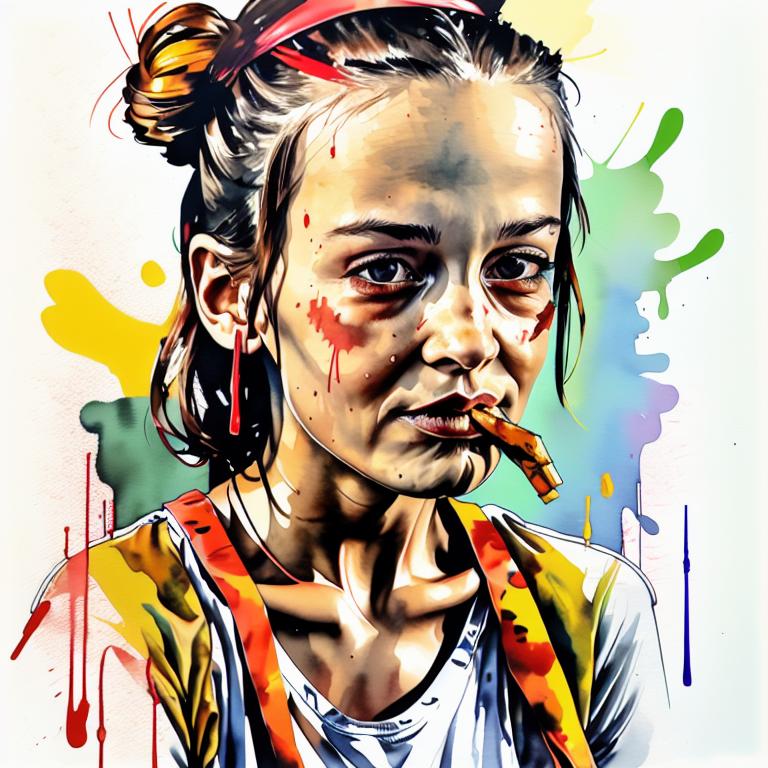  vibrant watercolor portrait with graffiti style face, fully white background, ,face with soft blending of warm and cool tones (orange, yellow, green),using shades of colors, contrast between light and shadow on the face, Bold color splashes and abstract drips in the background for a dynamic, artistic vibe, highly detailed tattoo, fully white background , dskinkpunkundefined - Variation 64