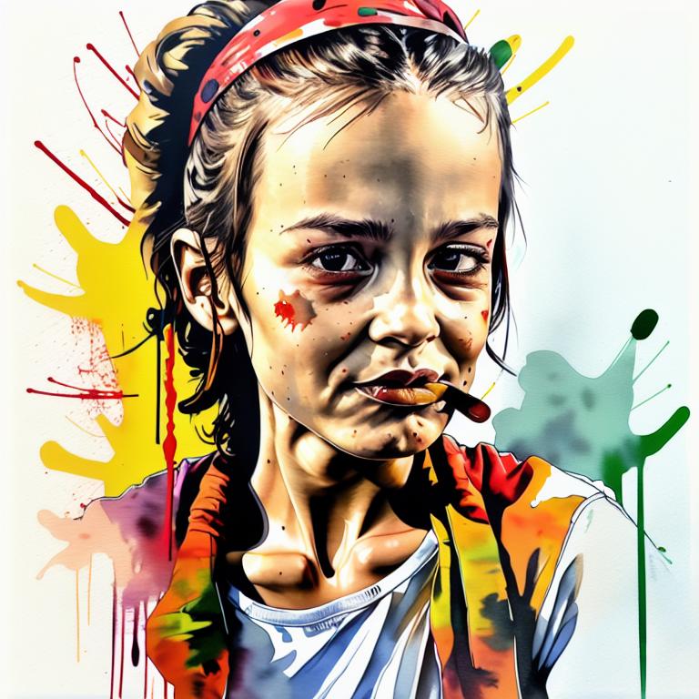  vibrant watercolor portrait with graffiti style face, fully white background, ,face with soft blending of warm and cool tones (orange, yellow, green),using shades of colors, contrast between light and shadow on the face, Bold color splashes and abstract drips in the background for a dynamic, artistic vibe, highly detailed tattoo, fully white background , dskinkpunkundefined - Variation 61