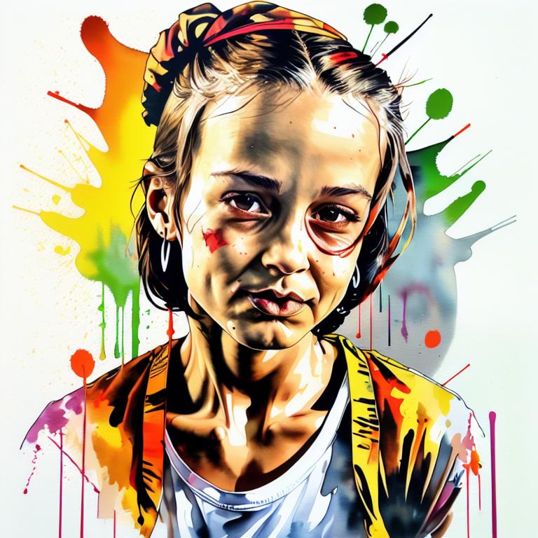  vibrant watercolor portrait with graffiti style face, fully white background, ,face with soft blending of warm and cool tones (orange, yellow, green),using shades of colors, contrast between light and shadow on the face, Bold color splashes and abstract drips in the background for a dynamic, artistic vibe, highly detailed tattoo, fully white background , dskinkpunkundefined - Variation 63
