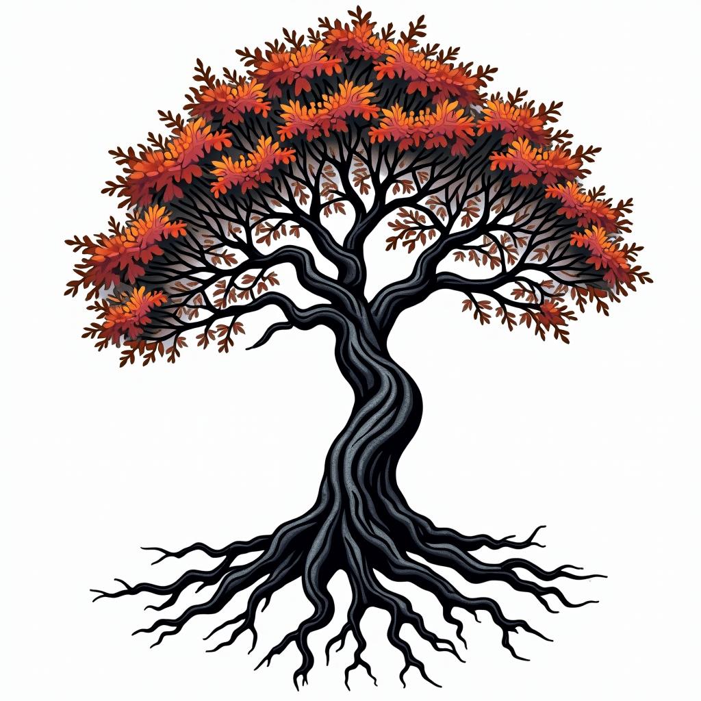 Tree of life with roots and branchesin pop art style tattoo, featuring bold and vibrant colors, exaggerated outlines, iconic imagery, inspired by comic books and speech bubbles, comic book characters, retro pop culture - Variation 8