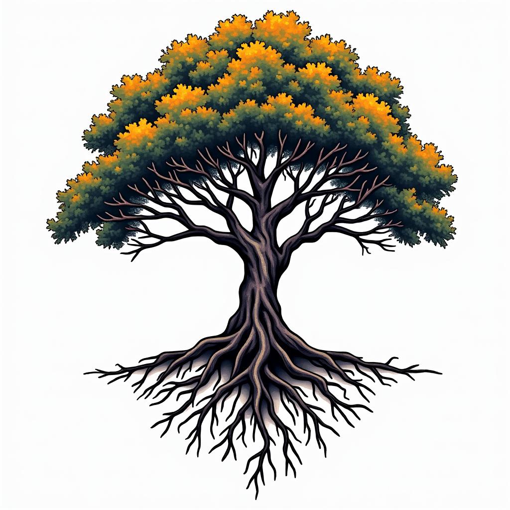 Tree of life with roots and branchesin pop art style tattoo, featuring bold and vibrant colors, exaggerated outlines, iconic imagery, inspired by comic books and speech bubbles, comic book characters, retro pop culture - Variation 7