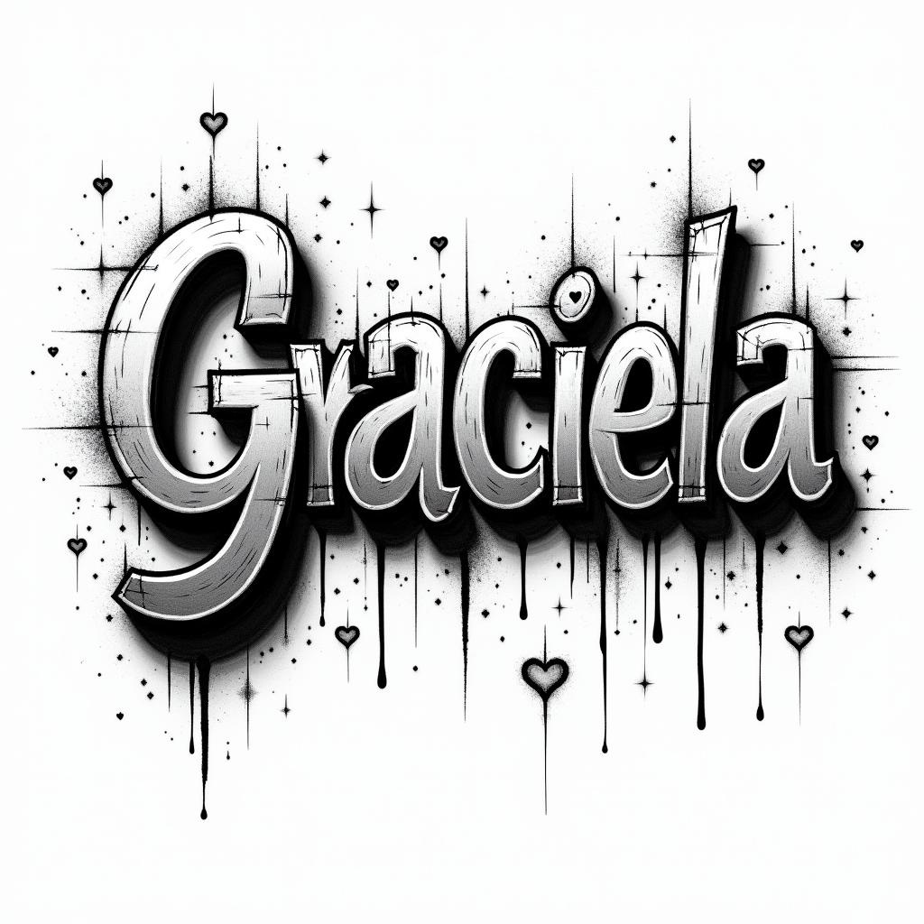 A grafitti with the name Gracielain graffiti style tattoo, featuring bold and dynamic street art elements, spray-paint texture with exaggerated lines and expressive, chaotic brushstrokes, intricate lettering incorporated with graffiti tags, symbols like hearts, stars, and wings - Variation 10