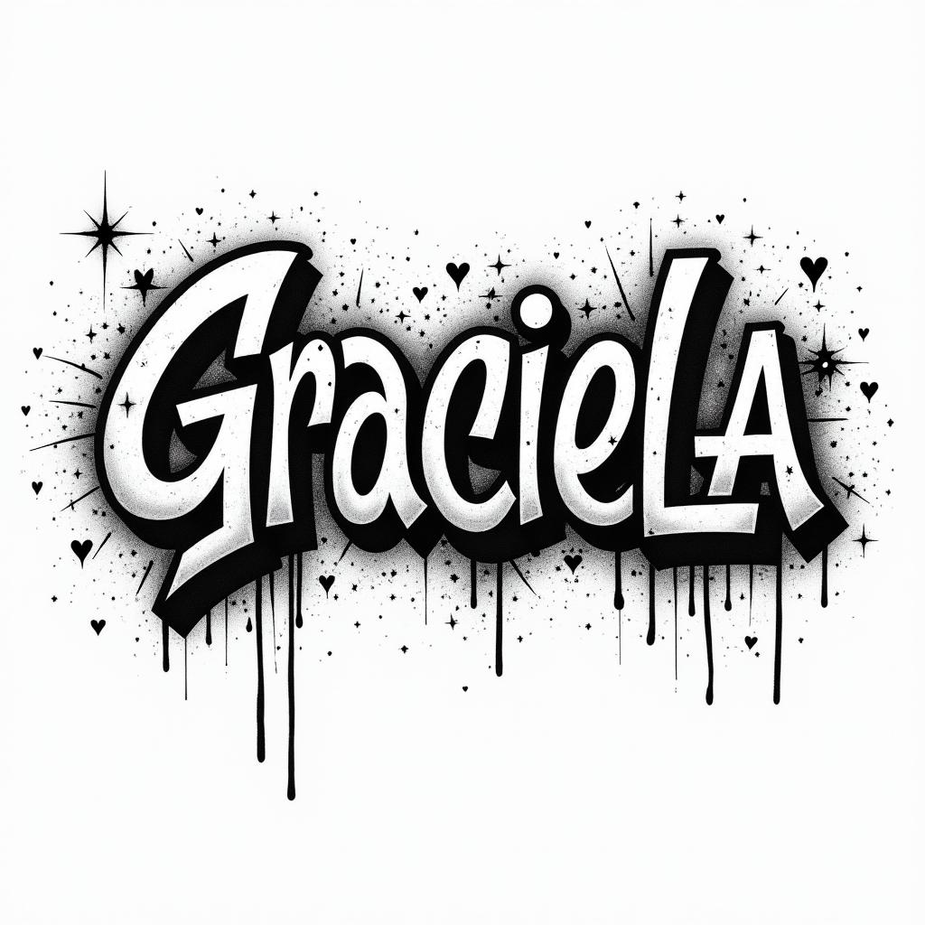 A grafitti with the name Gracielain graffiti style tattoo, featuring bold and dynamic street art elements, spray-paint texture with exaggerated lines and expressive, chaotic brushstrokes, intricate lettering incorporated with graffiti tags, symbols like hearts, stars, and wings - Variation 9