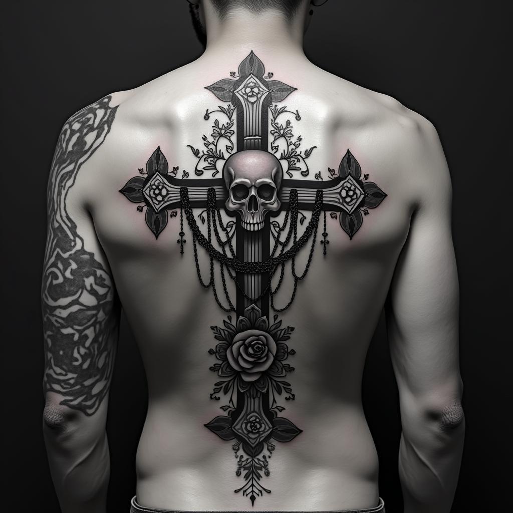 Resilience and the awakening of my abilitiesin chicano style tattoo, featuring intricate black and grey shading, bold elements of traditional chicano culture symbols, add a big cross with skull, chains and roses