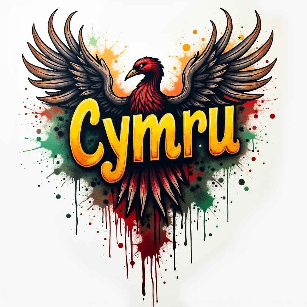 Mixing three colours red, green, yellow with cymru wording within tattooin graffiti style tattoo, featuring bold and dynamic street art elements, spray-paint texture with exaggerated lines and expressive, chaotic brushstrokes, intricate lettering incorporated with graffiti tags, symbols like hearts, stars, and wings
