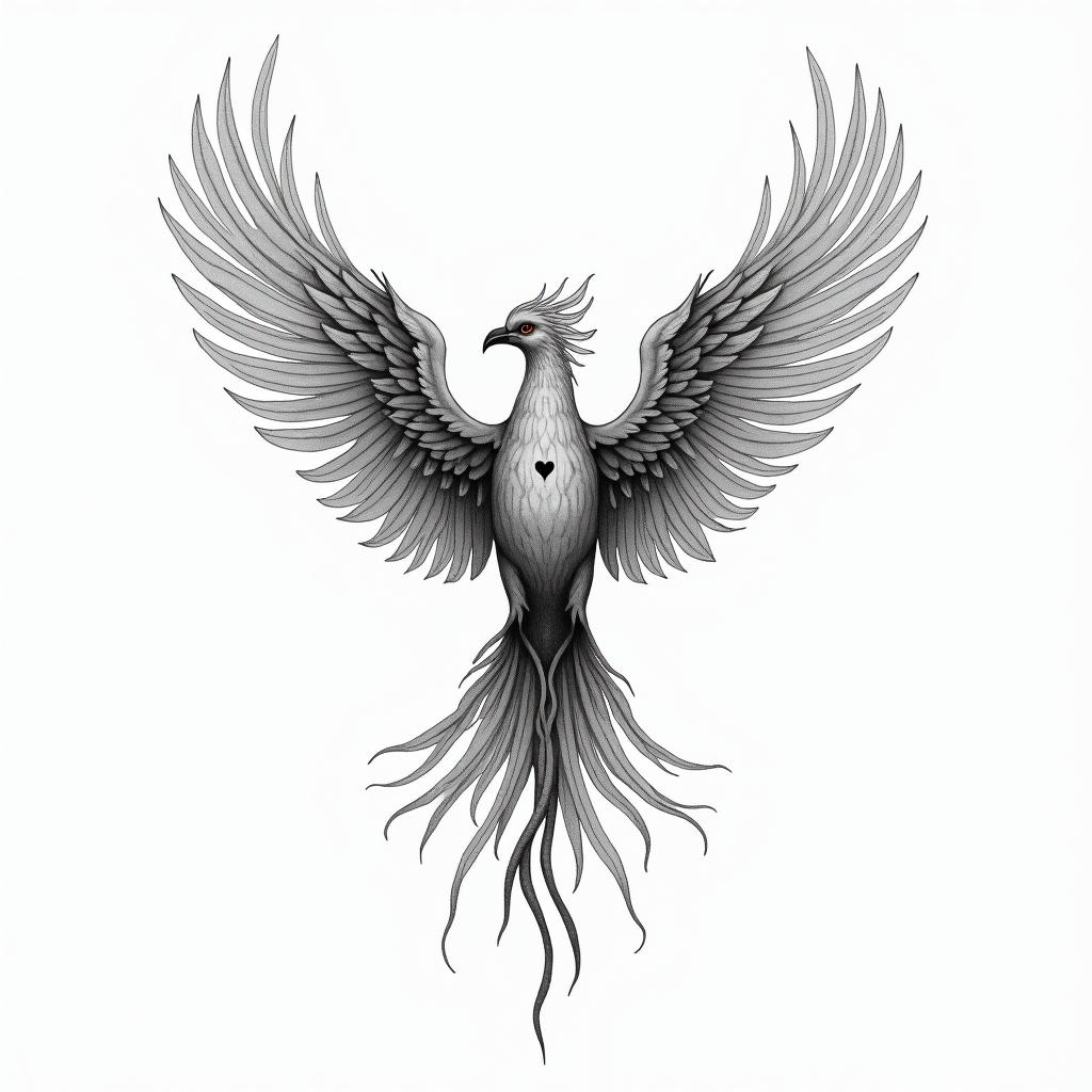 Rising phoenix with vibrant fiery wingsin Modest style tattoo, featuring soft, delicate line work with simple and meaningful symbols, gentle waves, a heart, evoking a sense of serenity and grace, - Variation 4