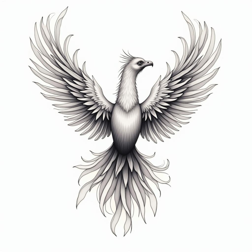 Rising phoenix with vibrant fiery wingsin Modest style tattoo, featuring soft, delicate line work with simple and meaningful symbols, gentle waves, a heart, evoking a sense of serenity and grace, - Variation 2