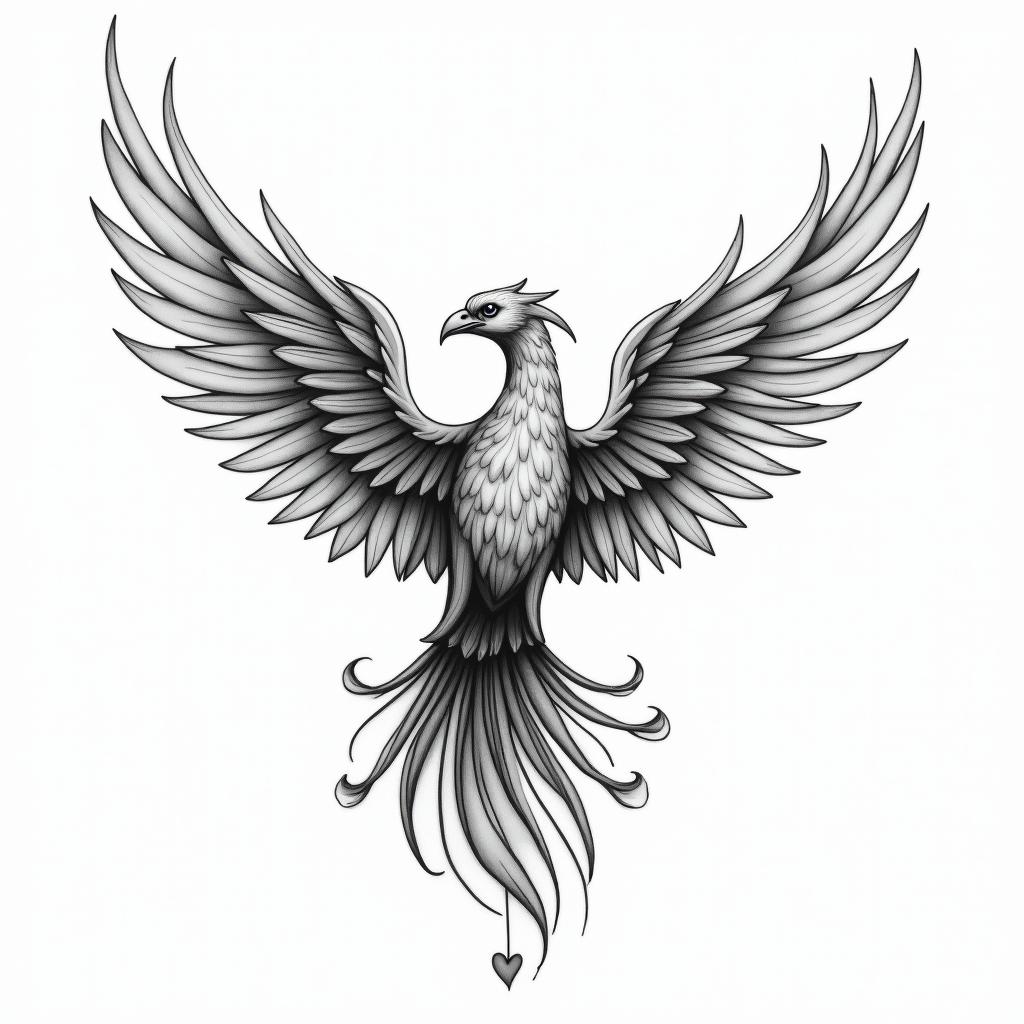 Rising phoenix with vibrant fiery wingsin Modest style tattoo, featuring soft, delicate line work with simple and meaningful symbols, gentle waves, a heart, evoking a sense of serenity and grace, - Variation 3