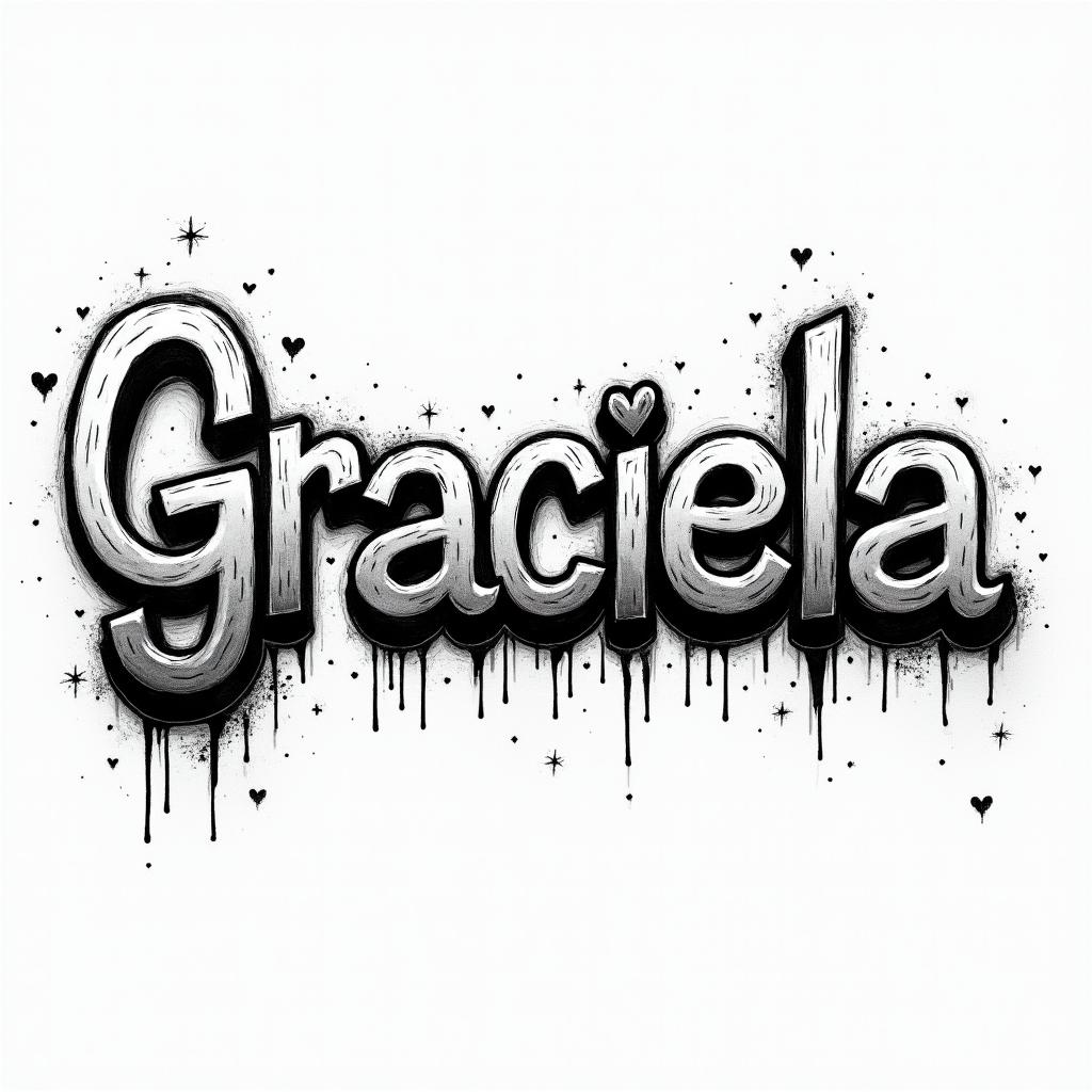 A grafitti with the name Gracielain graffiti style tattoo, featuring bold and dynamic street art elements, spray-paint texture with exaggerated lines and expressive, chaotic brushstrokes, intricate lettering incorporated with graffiti tags, symbols like hearts, stars, and wings - Variation 4