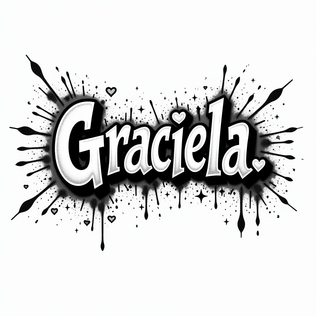 A grafitti with the name Gracielain graffiti style tattoo, featuring bold and dynamic street art elements, spray-paint texture with exaggerated lines and expressive, chaotic brushstrokes, intricate lettering incorporated with graffiti tags, symbols like hearts, stars, and wings - Variation 3
