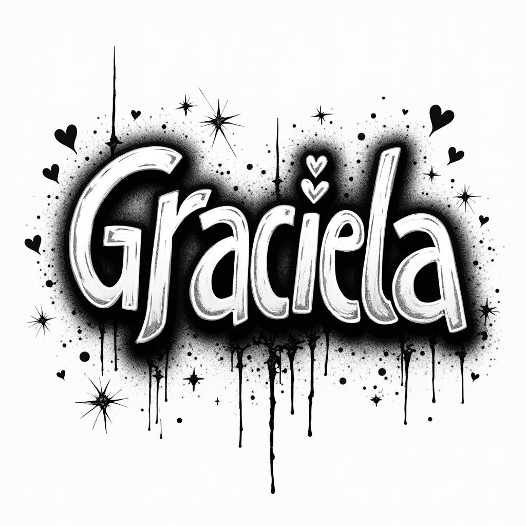 A grafitti with the name Gracielain graffiti style tattoo, featuring bold and dynamic street art elements, spray-paint texture with exaggerated lines and expressive, chaotic brushstrokes, intricate lettering incorporated with graffiti tags, symbols like hearts, stars, and wings - Variation 6