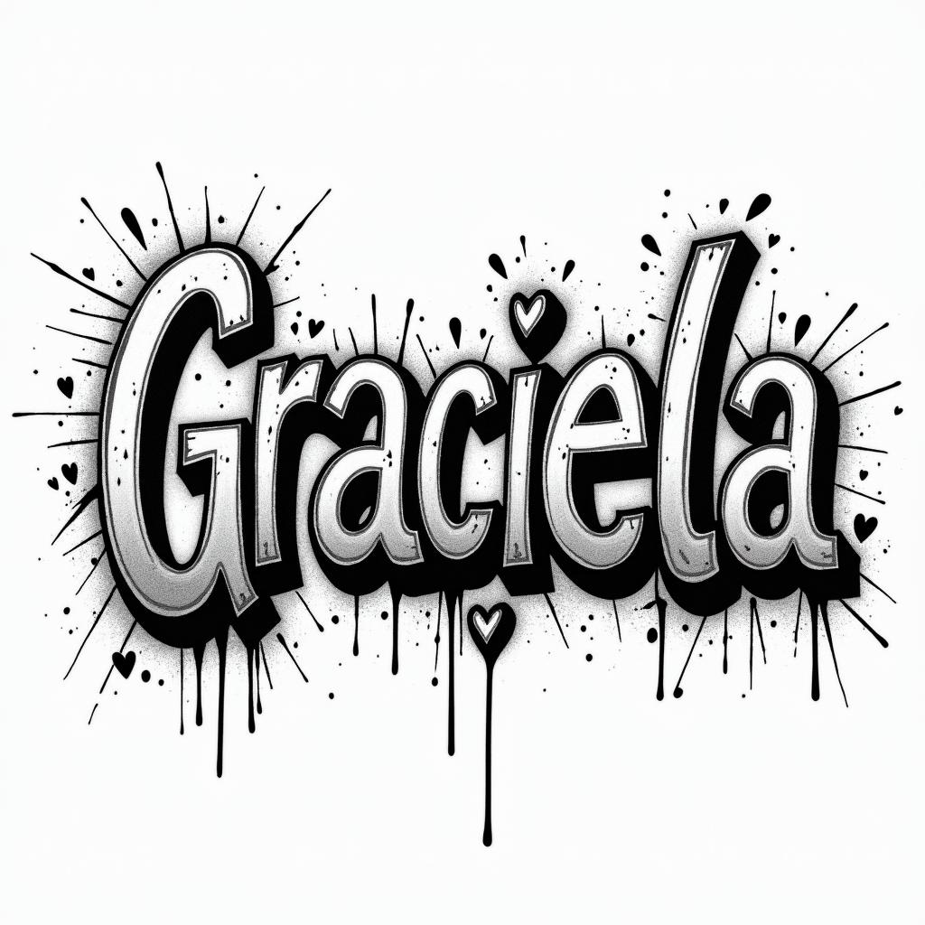A grafitti with the name Gracielain graffiti style tattoo, featuring bold and dynamic street art elements, spray-paint texture with exaggerated lines and expressive, chaotic brushstrokes, intricate lettering incorporated with graffiti tags, symbols like hearts, stars, and wings - Variation 7