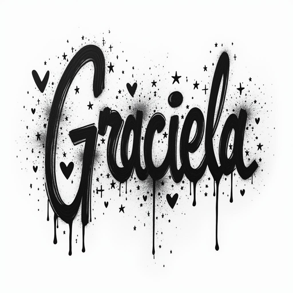 A grafitti with the name Gracielain graffiti style tattoo, featuring bold and dynamic street art elements, spray-paint texture with exaggerated lines and expressive, chaotic brushstrokes, intricate lettering incorporated with graffiti tags, symbols like hearts, stars, and wings - Variation 2