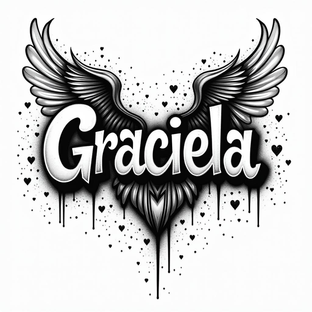 A grafitti with the name Gracielain graffiti style tattoo, featuring bold and dynamic street art elements, spray-paint texture with exaggerated lines and expressive, chaotic brushstrokes, intricate lettering incorporated with graffiti tags, symbols like hearts, stars, and wings
