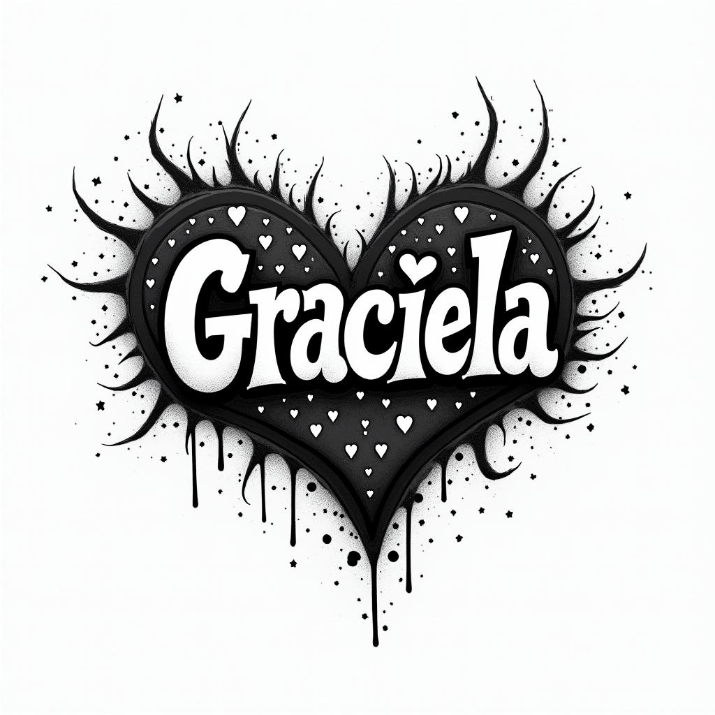 A grafitti with the name Gracielain graffiti style tattoo, featuring bold and dynamic street art elements, spray-paint texture with exaggerated lines and expressive, chaotic brushstrokes, intricate lettering incorporated with graffiti tags, symbols like hearts, stars, and wings - Variation 5