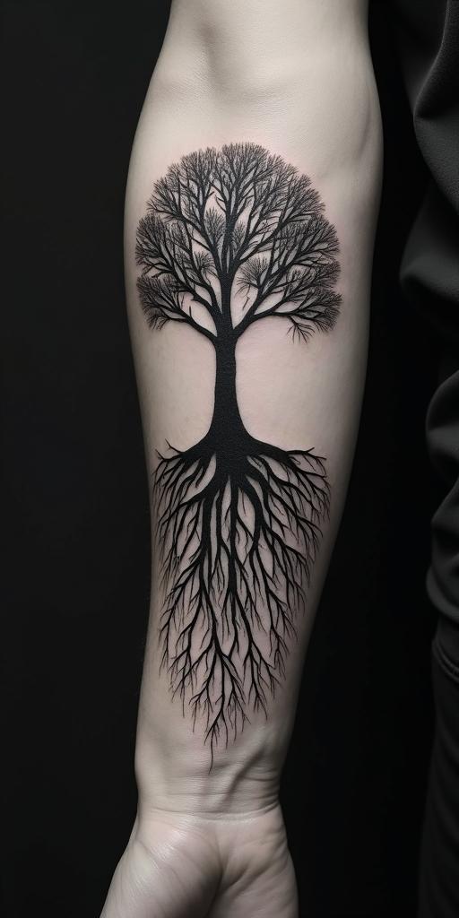 Tree of life with roots and branchesin portrait tattoo style, featuring a highly realistic and detailed depiction  - Variation 3