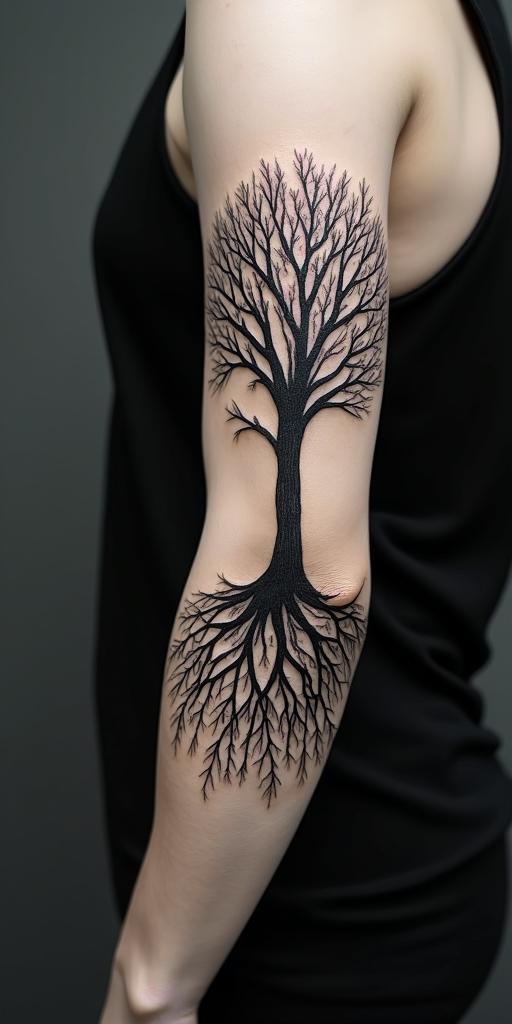 Tree of life with roots and branchesin portrait tattoo style, featuring a highly realistic and detailed depiction  - Variation 4