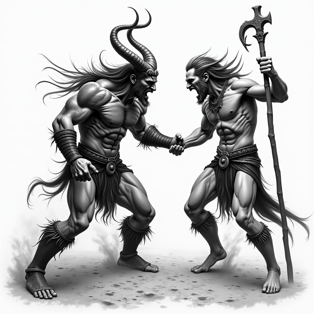 Posidon fighting the norse God helin realism tattoo style, featuring a highly detailed, lifelike, capturing every detail, photorealistic, ultra realistic, intricate shading, smooth and sharp,  