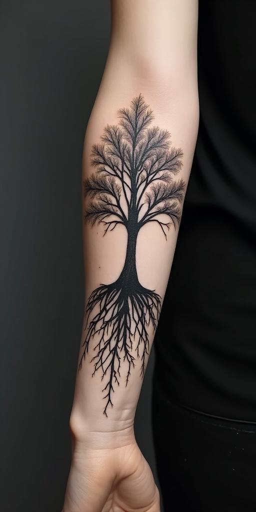 Tree of life with roots and branchesin portrait tattoo style, featuring a highly realistic and detailed depiction  - Variation 2