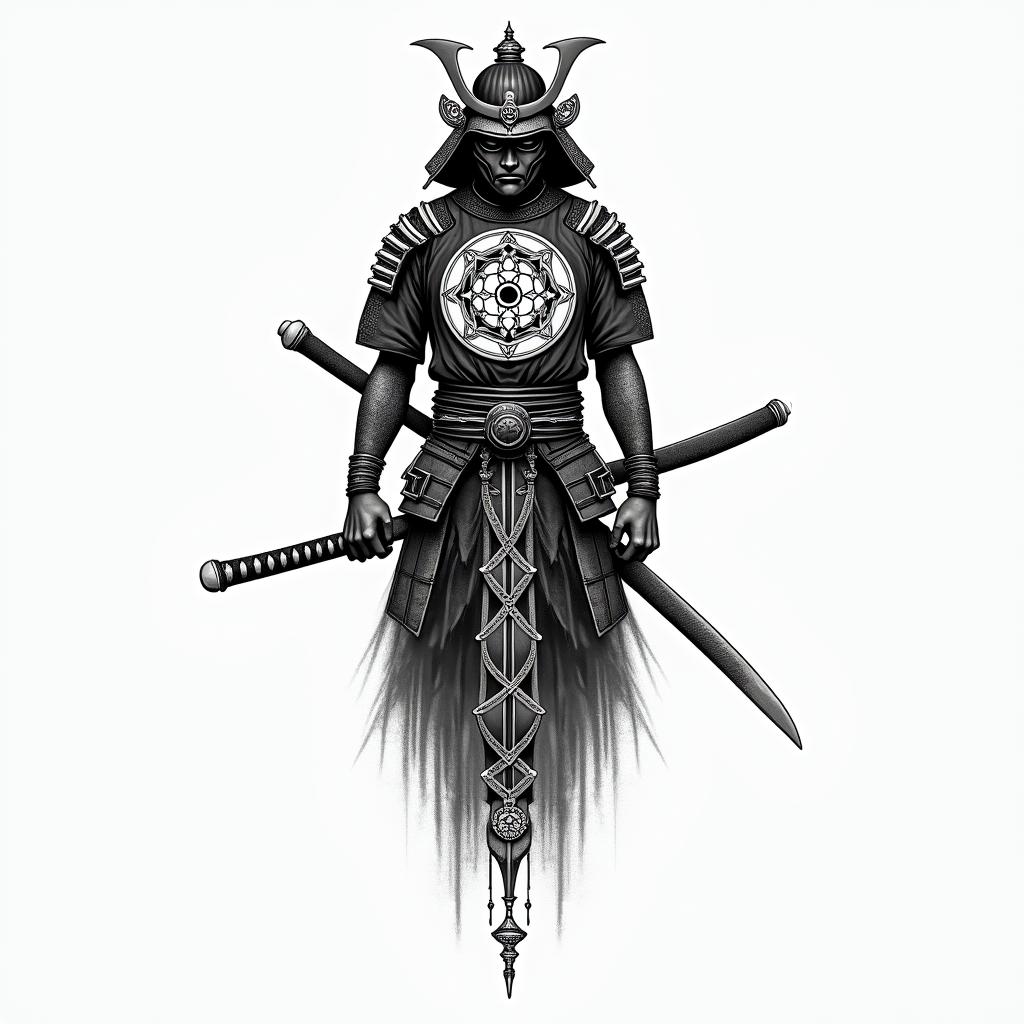 Samurai with a katanain spiritual symbols tattoo style, featuring an intricate design incorporating elements, Hamsa hand, third eye, minimalist composition - Variation 3