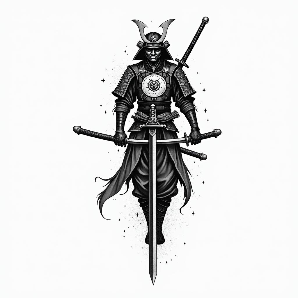 Samurai with a katanain spiritual symbols tattoo style, featuring an intricate design incorporating elements, Hamsa hand, third eye, minimalist composition - Variation 2